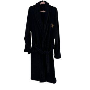 U.S. Polo Assn. Mens Black Plush Robe L/XL With Embroidered Logo